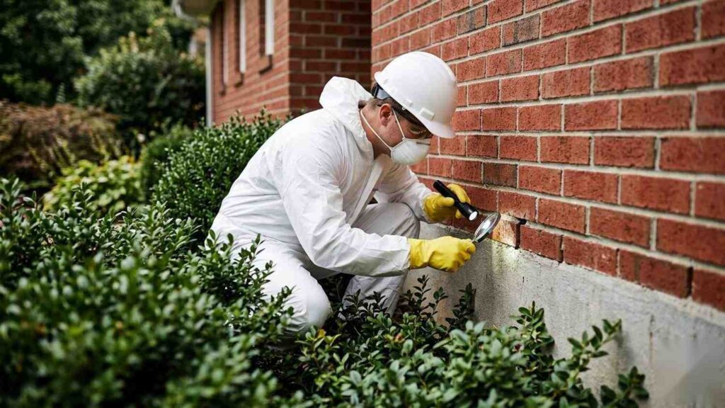 Austin pest control technician in protective gear inspecting a brick home foundation for pests