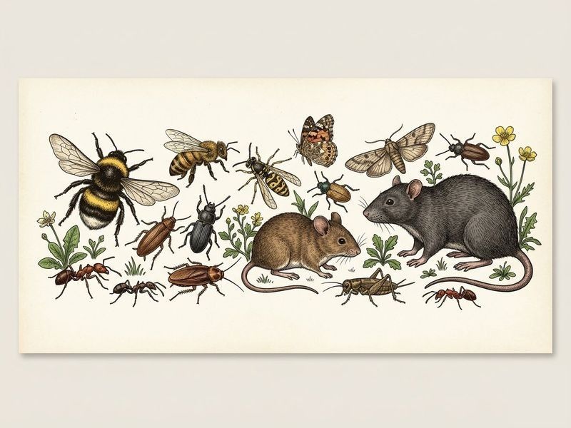 Illustration of common household pests including bees, ants, cockroaches, mice and rats found in Austin homes