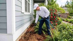 How Much Will It Cost To Get Rid Of Termites — professional technician applying liquid termite treatment along home foundation