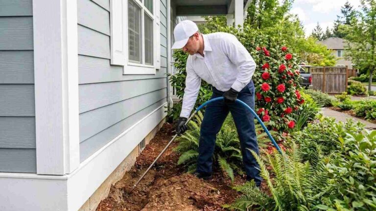 How Much Will It Cost To Get Rid Of Termites — professional technician applying liquid termite treatment along home foundation