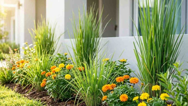 Plants that repel termites including lemongrass and marigolds growing along a home foundation