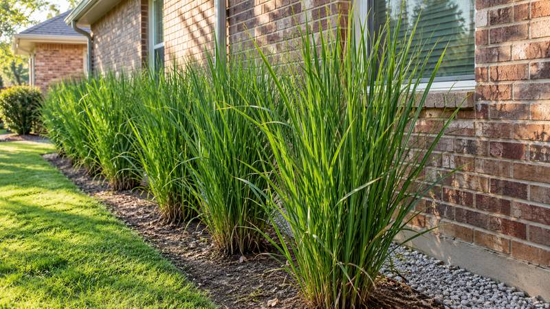 Vetiver grass, one of the best plants that repel termites, planted in a row beside a home foundation