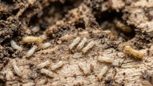 baby termites scattered on damp wood inside a colony with worker termites