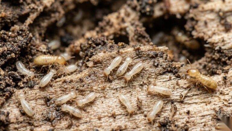 baby termites scattered on damp wood inside a colony with worker termites