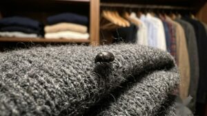 Black carpet beetle crawling on a wool sweater inside a bedroom closet