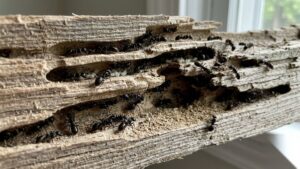 Carpenter ant damage showing smooth excavated galleries and tunnels in wood
