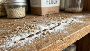 Flour beetles crawling through spilled flour and grain on a pantry shelf