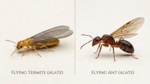 Flying ant vs flying termite comparison showing bugs that look like flying termites side by side with wing and body differences