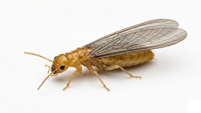 Flying termite alate with translucent smoky-gray wings and yellow-brown body on white background
