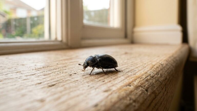 A little black beetle crawling on a wooden windowsill inside a house near a sunlit window