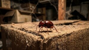 Little black beetles in house basements, like this spider beetle on a dusty cardboard box