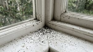 Dark subterranean termite droppings scattered on a windowsill corner
