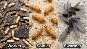 Subterranean termites in Texas showing worker, soldier, and swarmer castes side by side