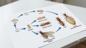 Termite colony life cycle diagram showing eggs, larva, nymph, worker, soldier, swarmer, king and queen