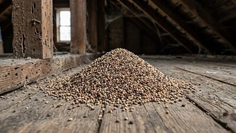Pile of termite droppings (frass) on a wooden attic floor showing what termite droppings look like