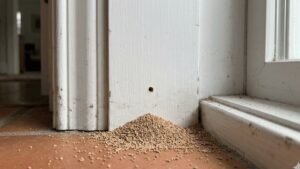 Termite frass pile beneath a kick-out hole near a doorframe