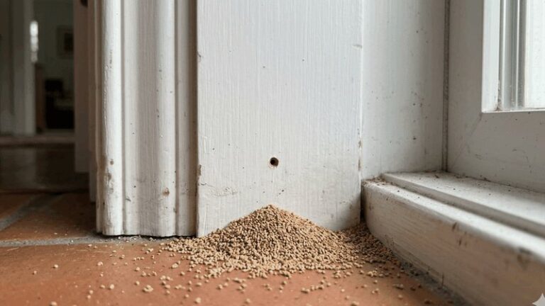 Termite frass pile beneath a kick-out hole near a doorframe