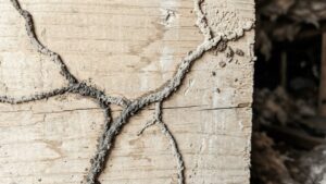 ermite mud tubes running across a damaged wooden beam