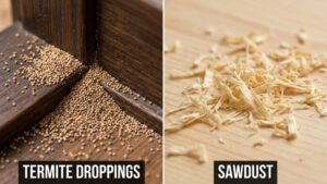 What do termite droppings look like compared to sawdust — close-up of termite frass pellets versus wood shavings