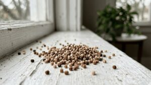 What is termite frass shown as drywood termite pellets on a windowsill