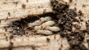 baby termites found inside infested damp wood and soil