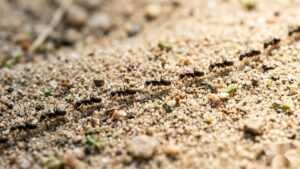 Get rid of ants in window frame by breaking the scent trail — ants following a pheromone trail on sandy ground