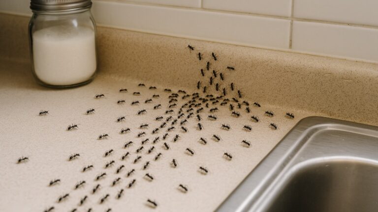 Trail of tiny black ants crawling across a kitchen countertop toward the sink