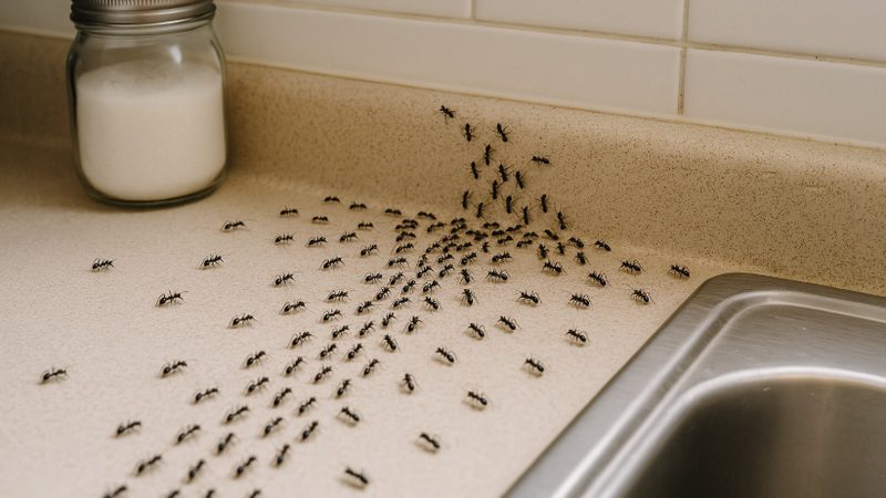 Trail of tiny black ants crawling across a kitchen countertop toward the sink
