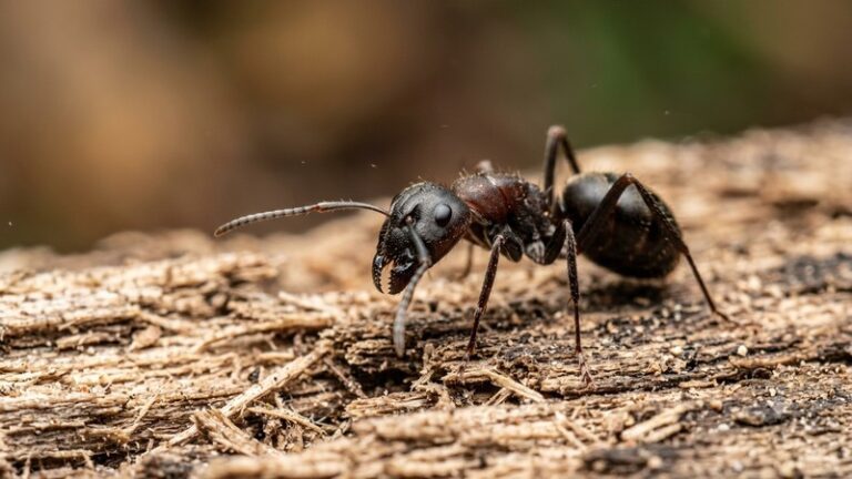 Close-up of a black and reddish-brown carpenter ant on damaged wood