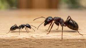 Size comparison between a small little black ant and a larger carpenter ant on wood