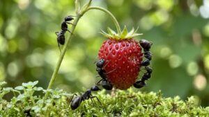 what do carpenter ants eat — black ants feeding on a strawberry