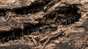 Carpenter ants Texas tunneling through damaged wood inside a nest gallery