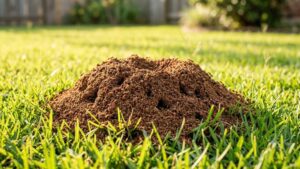 What ants have stingers — fire ant mound in a Texas backyard lawn