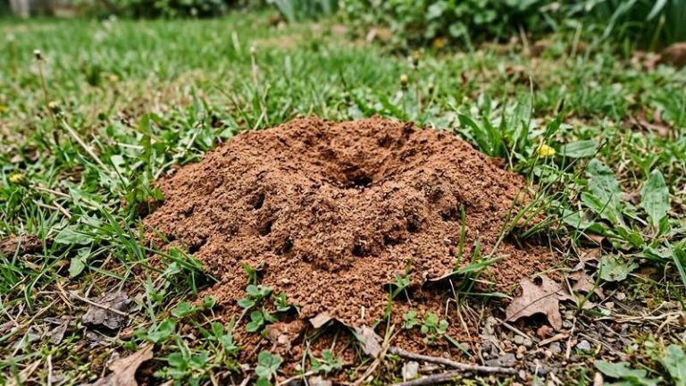 Red fire ant mound in a Texas lawn surrounded by grass