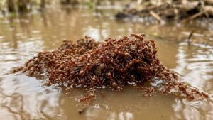 Fire ants floating together as a raft on floodwater — proof that ants can swim and survive floods