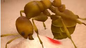 Red ants vs fire ants sting difference shown as a fire ant biting human skin