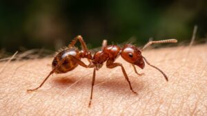 Red imported fire ant on skin — one of the most common types of ants in Texas