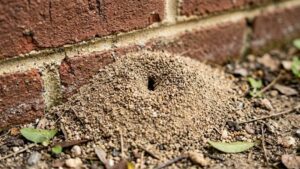 Ant midden nest mound against a brick wall — a sign of why ants carry dead ants to protect the colony