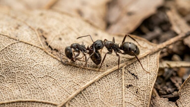 Worker ant carrying a dead nest-mate across a dry leaf during necrophoresis