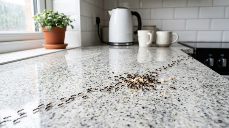 Ants feeding on crumbs on a kitchen counter showing does killing ants attract more