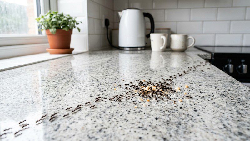 Ants feeding on crumbs on a kitchen counter showing does killing ants attract more