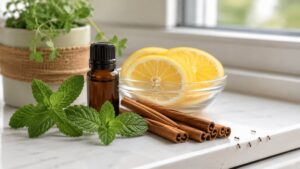 Peppermint oil, lemon slices, cinnamon sticks and mint leaves showing what smells do ants hate as natural repellents