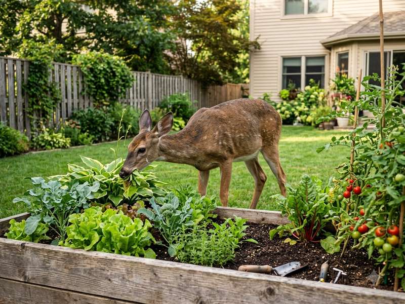 Deer control Manorville NY — white-tailed deer eating vegetables and plants in a backyard raised garden bed