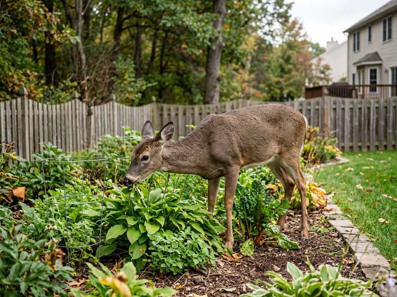 Deer control Miller Place — white-tailed deer eating hostas and garden plants in a suburban backyard