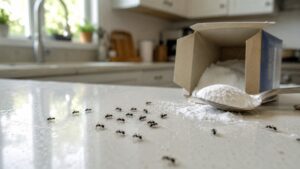 Does baking soda kill ants — black ants crawling near spilled baking soda and a spoon on a kitchen countertop