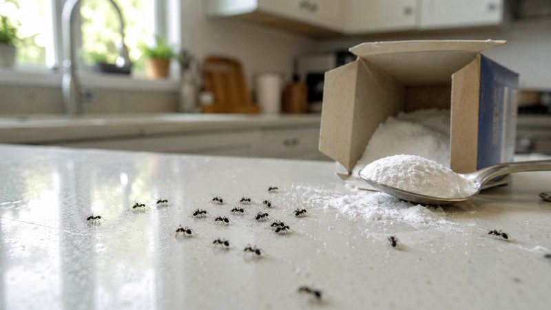 Does baking soda kill ants — black ants crawling near spilled baking soda and a spoon on a kitchen countertop