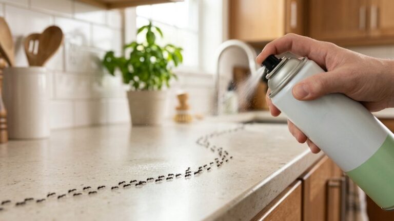 Does Febreze kill ants — hand spraying an aerosol can over a trail of black ants on a kitchen counter