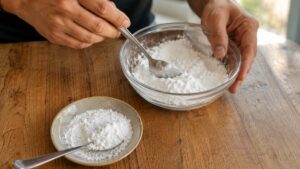 Hands mixing baking soda and powdered sugar in a bowl to make DIY ant bait — does baking soda kill ants