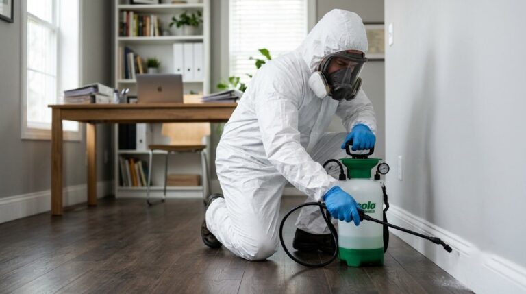 Pest control technician in protective suit spraying baseboards during a San Antonio exterminator service