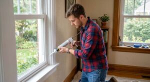 Man sealing window frame cracks with caulk to prevent an ant infestation